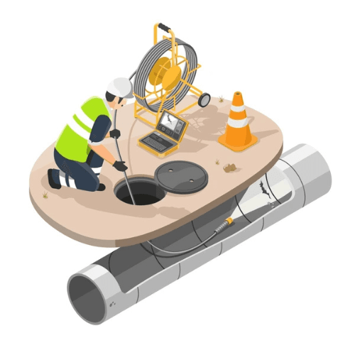 Illustration of a technician inspecting a sewer system using a CCTV camera. The technician is wearing a safety vest and is positioned beside a manhole, with a monitor displaying video footage of the inspection.