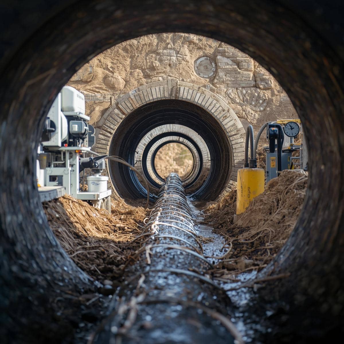 View through large pipes at a construction site, showcasing underground utility work and equipment.